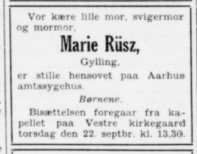 Marie Rüsz' dødsannonce