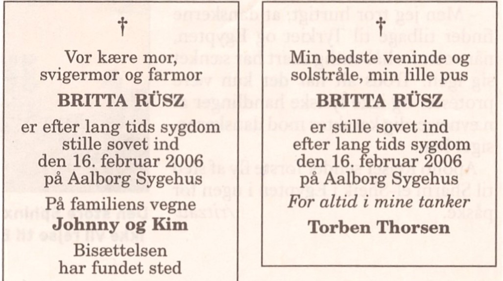Britta Rüsz' dødsannonnce